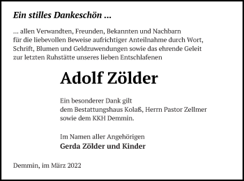 Traueranzeige von Adolf Zölder von Demminer Zeitung