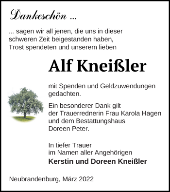 Traueranzeige von Alf Kneißler von Neubrandenburger Zeitung