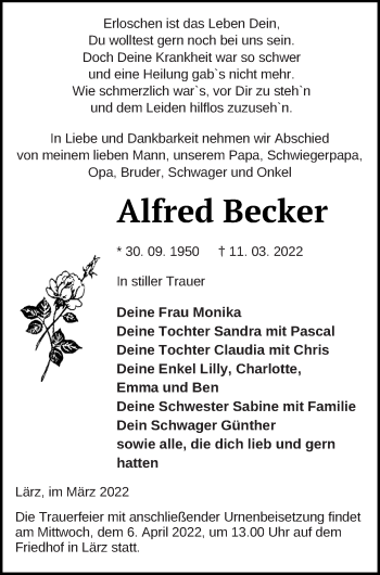 Traueranzeige von Alfred Becker von Müritz-Zeitung