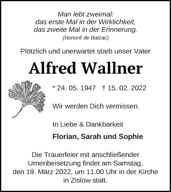 Traueranzeige von Alfred Wallner von Müritz-Zeitung