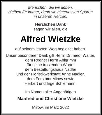 Traueranzeige von Alfred Wietzke von Strelitzer Zeitung