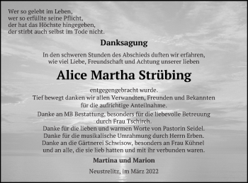 Traueranzeige von Alice Martha Strübing von Strelitzer Zeitung