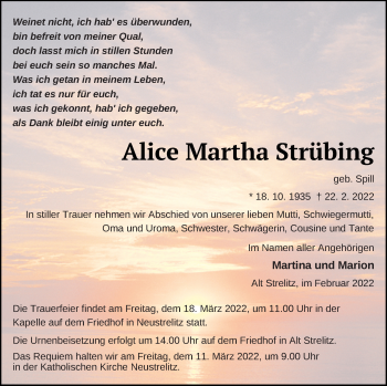 Traueranzeige von Alice Martha Strübing von Strelitzer Zeitung