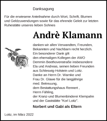 Traueranzeige von Andre Klamann von Vorpommern Kurier