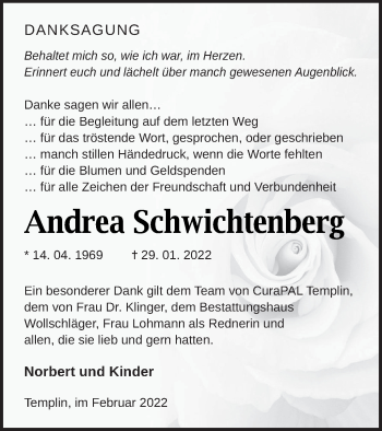 Traueranzeige von Andrea Schwichtenberg von Templiner Zeitung