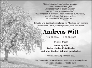 Traueranzeige von Andreas Witt von Neubrandenburger Zeitung
