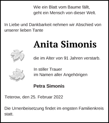 Traueranzeige von Anita Simonis von Mecklenburger Schweiz
