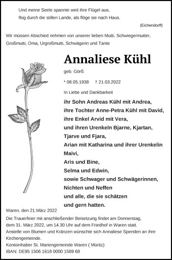 Traueranzeige von Annaliese Kühl von Müritz-Zeitung