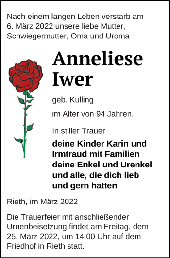 Traueranzeige von Anneliese Iwer von Haff-Zeitung