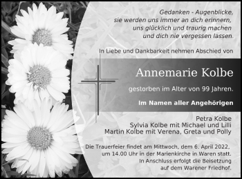 Traueranzeige von Annemarie Kolbe von Müritz-Zeitung