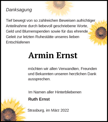 Traueranzeige von Armin Ernst von Pasewalker Zeitung