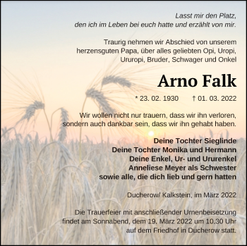 Traueranzeige von Arno Falk von Vorpommern Kurier