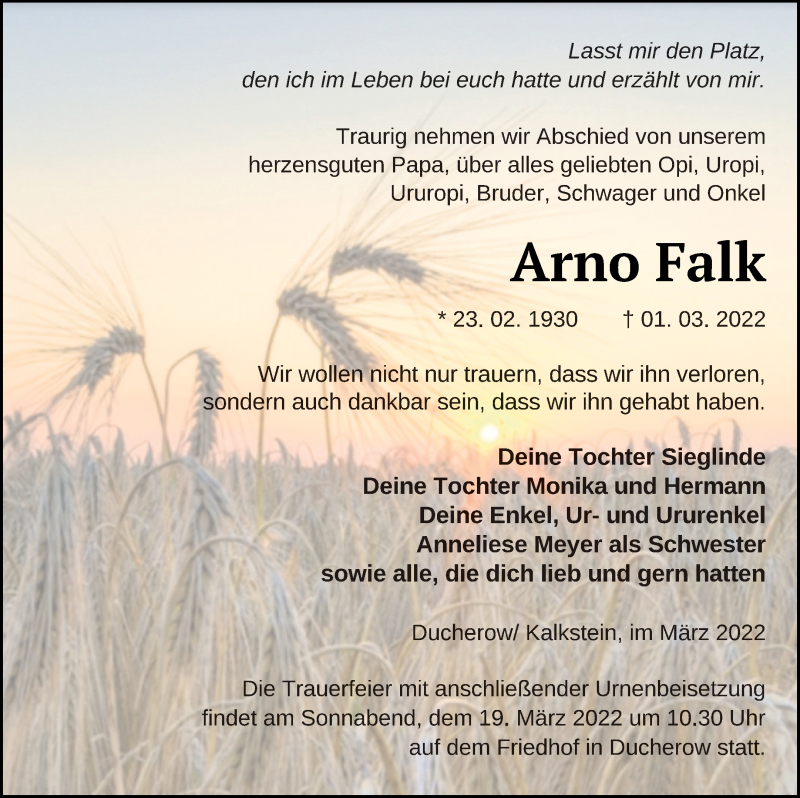  Traueranzeige für Arno Falk vom 04.03.2022 aus Vorpommern Kurier