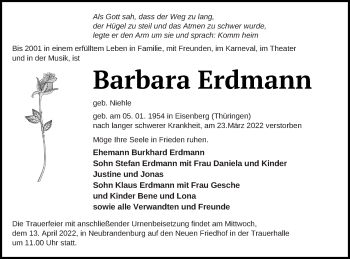 Traueranzeige von Barbara Erdmann von Neubrandenburger Zeitung