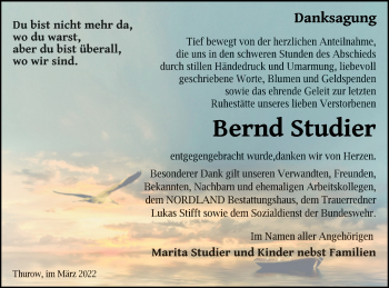 Traueranzeige von Bernd Studier von Strelitzer Zeitung