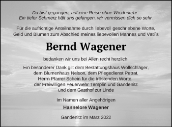 Traueranzeige von Bernd Wagener von Templiner Zeitung