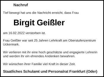 Traueranzeige von Birgit Geißler von Prenzlauer Zeitung