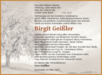 Traueranzeige von Birgit Geißler von Templiner Zeitung