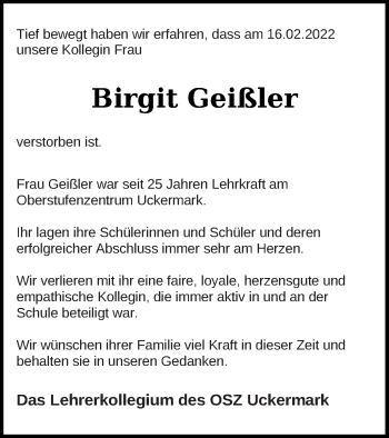 Traueranzeige von Birgit Geißler von Templiner Zeitung