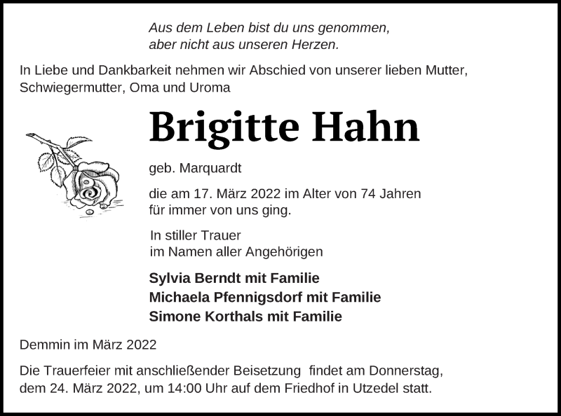  Traueranzeige für Brigitte Hahn vom 22.03.2022 aus Demminer Zeitung