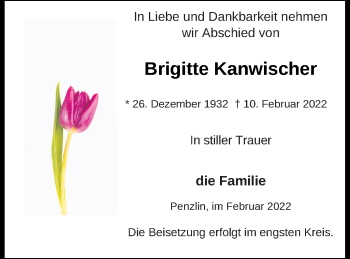 Traueranzeige von Brigitte Kanwischer von Müritz-Zeitung