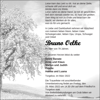 Traueranzeige von Bruno Oelke von Haff-Zeitung