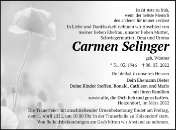 Traueranzeige von Carmen Selinger von Neubrandenburger Zeitung