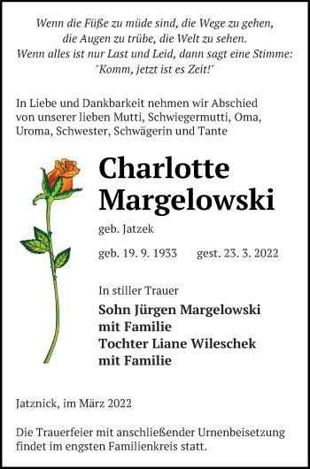 Traueranzeige von Charlotte Margelowski von Pasewalker Zeitung