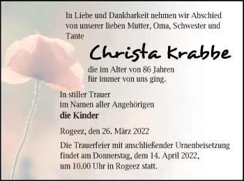 Traueranzeige von Christa Krabbe von Müritz-Zeitung