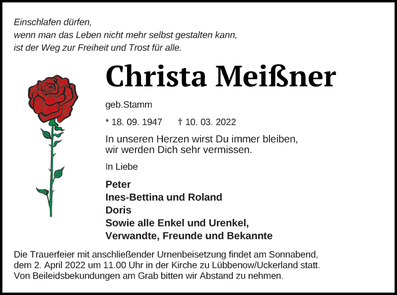  Traueranzeige für Christa Meißner vom 18.03.2022 aus Haff-Zeitung