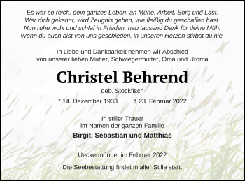 Traueranzeige von Christel Behrend von Haff-Zeitung