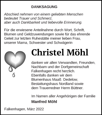 Traueranzeige von Christel Möhl von Prenzlauer Zeitung