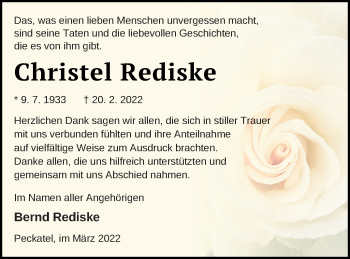 Traueranzeige von Christel Rediske von Strelitzer Zeitung