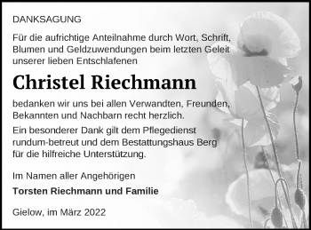 Traueranzeige von Christel Riechmann von Mecklenburger Schweiz