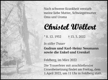 Traueranzeige von Christel Wöllert von Strelitzer Zeitung