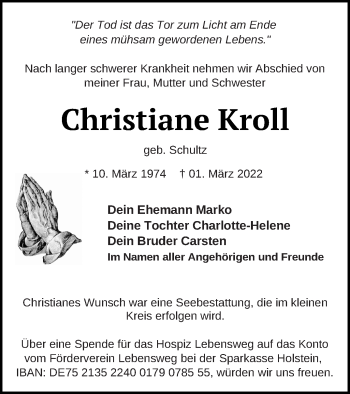 Traueranzeige von Christiane Kroll von Vorpommern Kurier