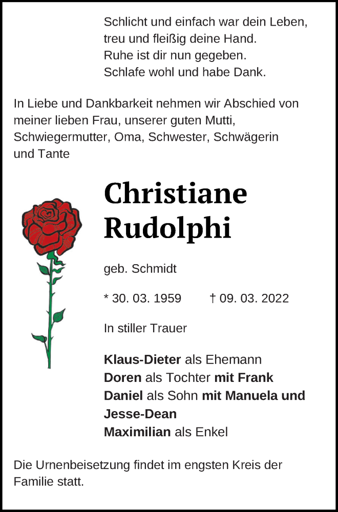  Traueranzeige für Christiane Rudolphi vom 18.03.2022 aus Templiner Zeitung