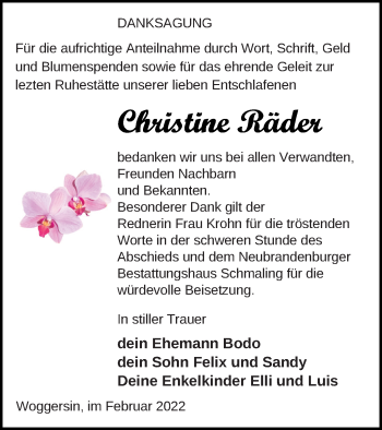 Traueranzeige von Christine Räder von Neubrandenburger Zeitung