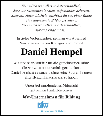 Traueranzeige von Daniel Hempel von Neubrandenburger Zeitung