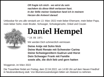 Traueranzeige von Daniel Hempel von Neubrandenburger Zeitung