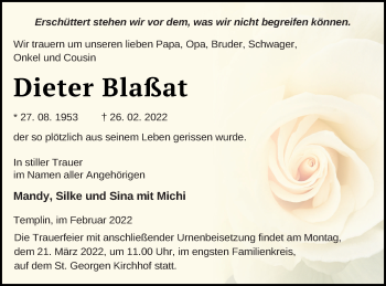 Traueranzeige von Dieter Blaßat von Templiner Zeitung