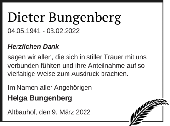 Traueranzeige von Dieter Bungenberg von Mecklenburger Schweiz