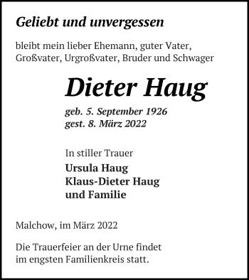 Traueranzeige von Dieter Haug von Müritz-Zeitung