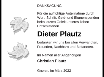 Traueranzeige von Dieter Plautz von Mecklenburger Schweiz