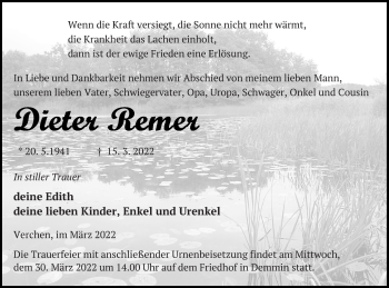 Traueranzeige von Dieter Remer von Demminer Zeitung