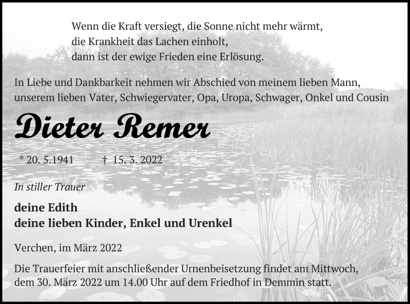  Traueranzeige für Dieter Remer vom 18.03.2022 aus Demminer Zeitung