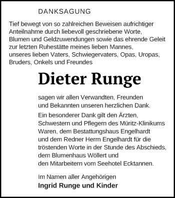 Traueranzeige von Dieter Runge von Müritz-Zeitung