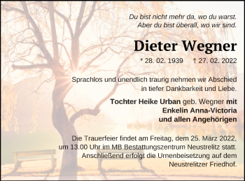 Traueranzeige von Dieter Wegner von Strelitzer Zeitung