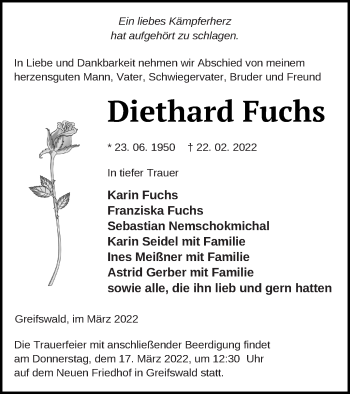 Traueranzeige von Diethard Fuchs von Müritz-Zeitung