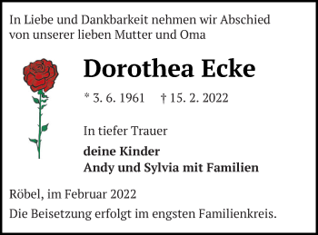 Traueranzeige von Dorothea Ecke von Müritz-Zeitung